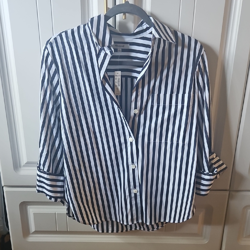 Madewell Navy and White Striped Button Down Shirt
